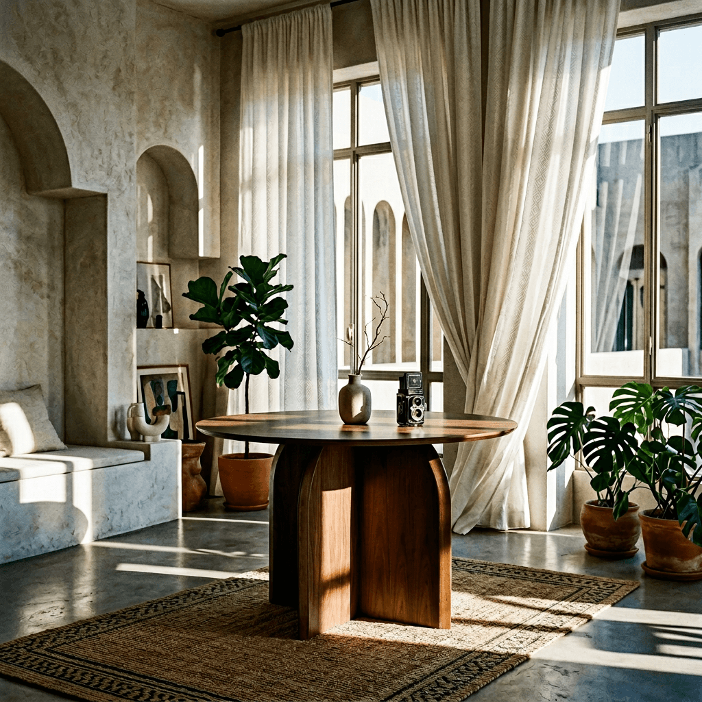 Delmon Dark Walnut Round Dining Table 47" in a sunlit modern dining space with plants and soft curtains.