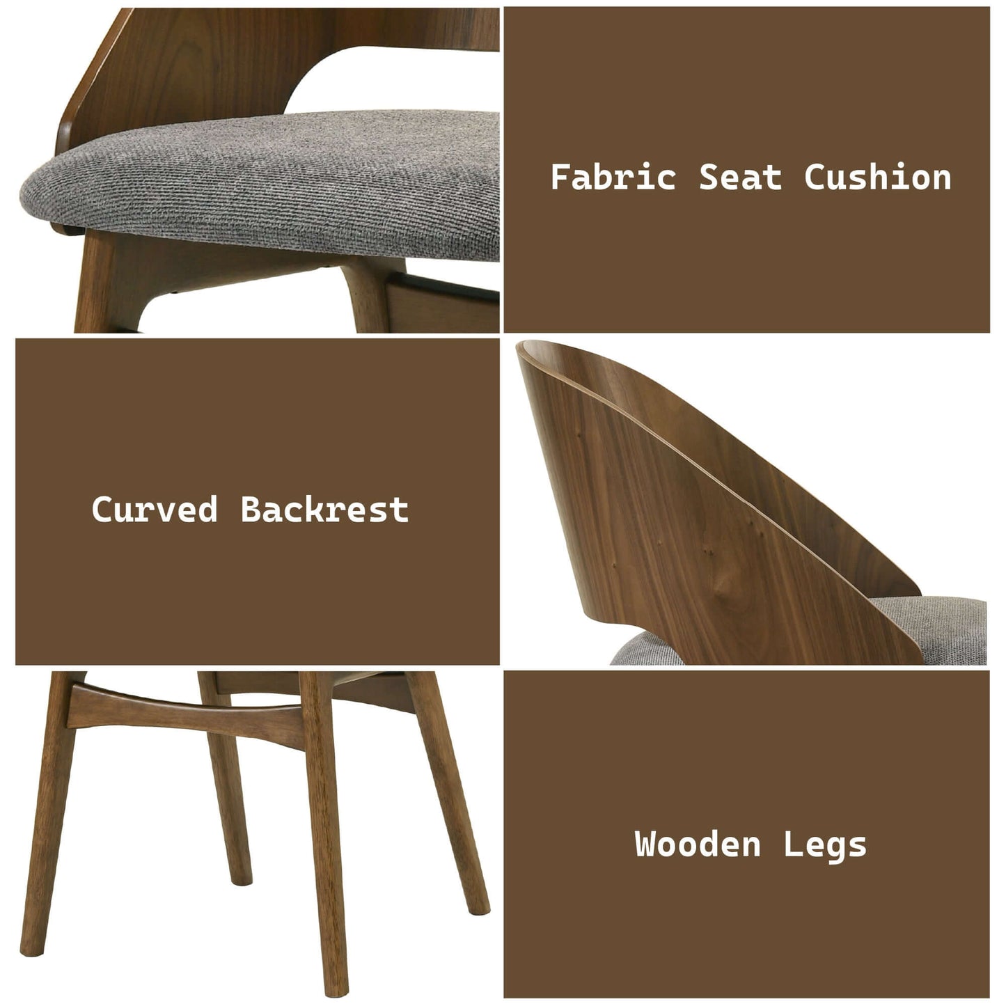 Delmon Fabric & Dark Walnut Side Chair (Set of 2) features a fabric seat cushion, curved backrest, and wooden legs.