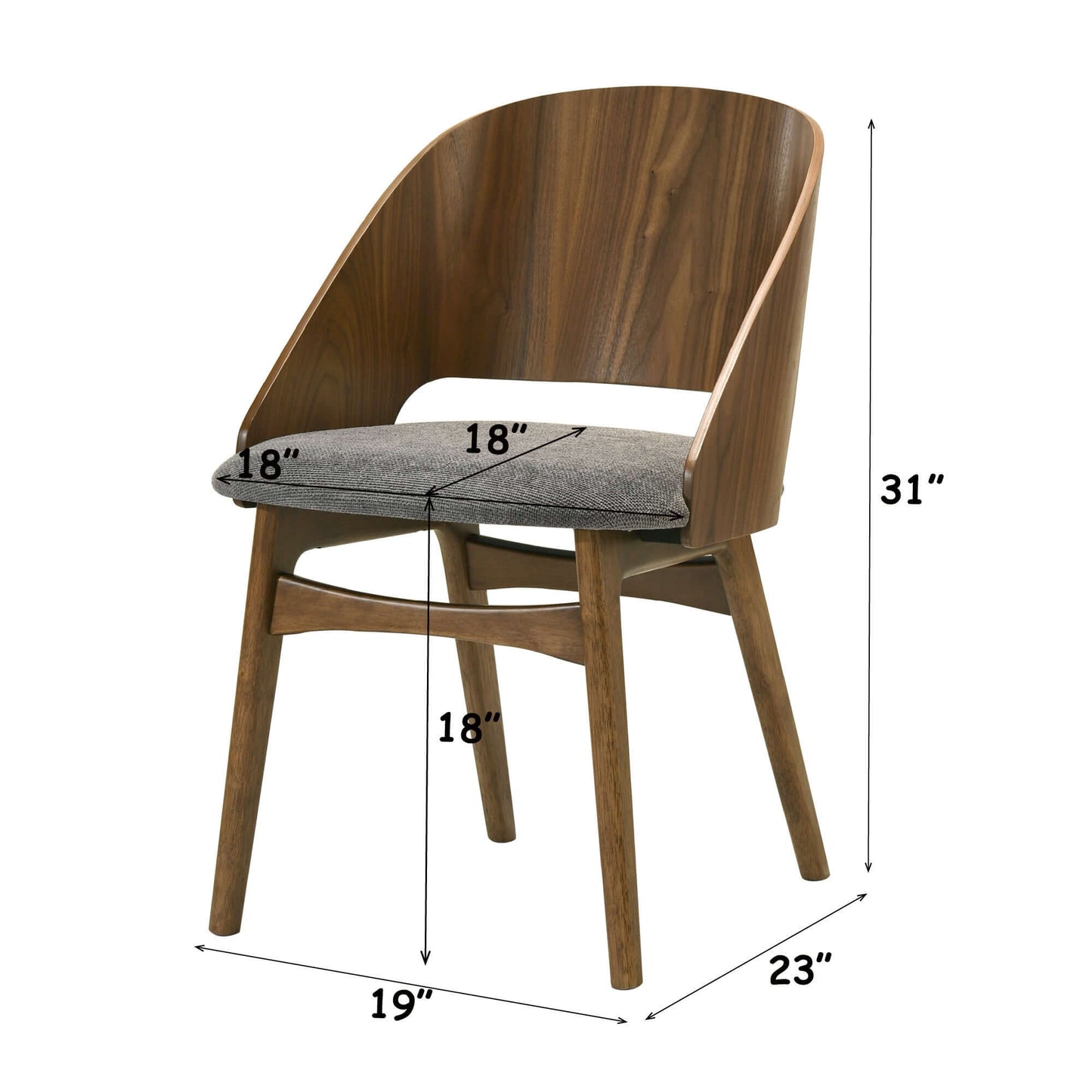 Delmon Fabric & Dark Walnut Side Chair (Set of 2) highlighted with dimensions for modern home decor.