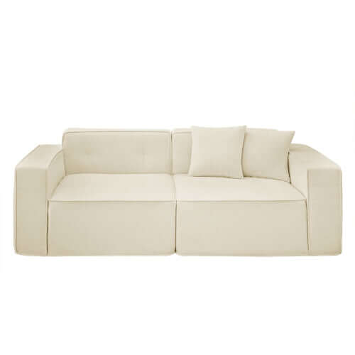 Modern Low Profile Box Arm Memory Foam Sofa in beige with two cushions, perfect for stylish comfort in any living room.