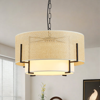 19.7" Farmhouse Boho Chandelier, 4-Light Hand Woven Rattan Pendant Light with Fabric Shade, Rustic Drum Fixture for Kitchen, Bedroom, Foyer, Entryway, Living Room