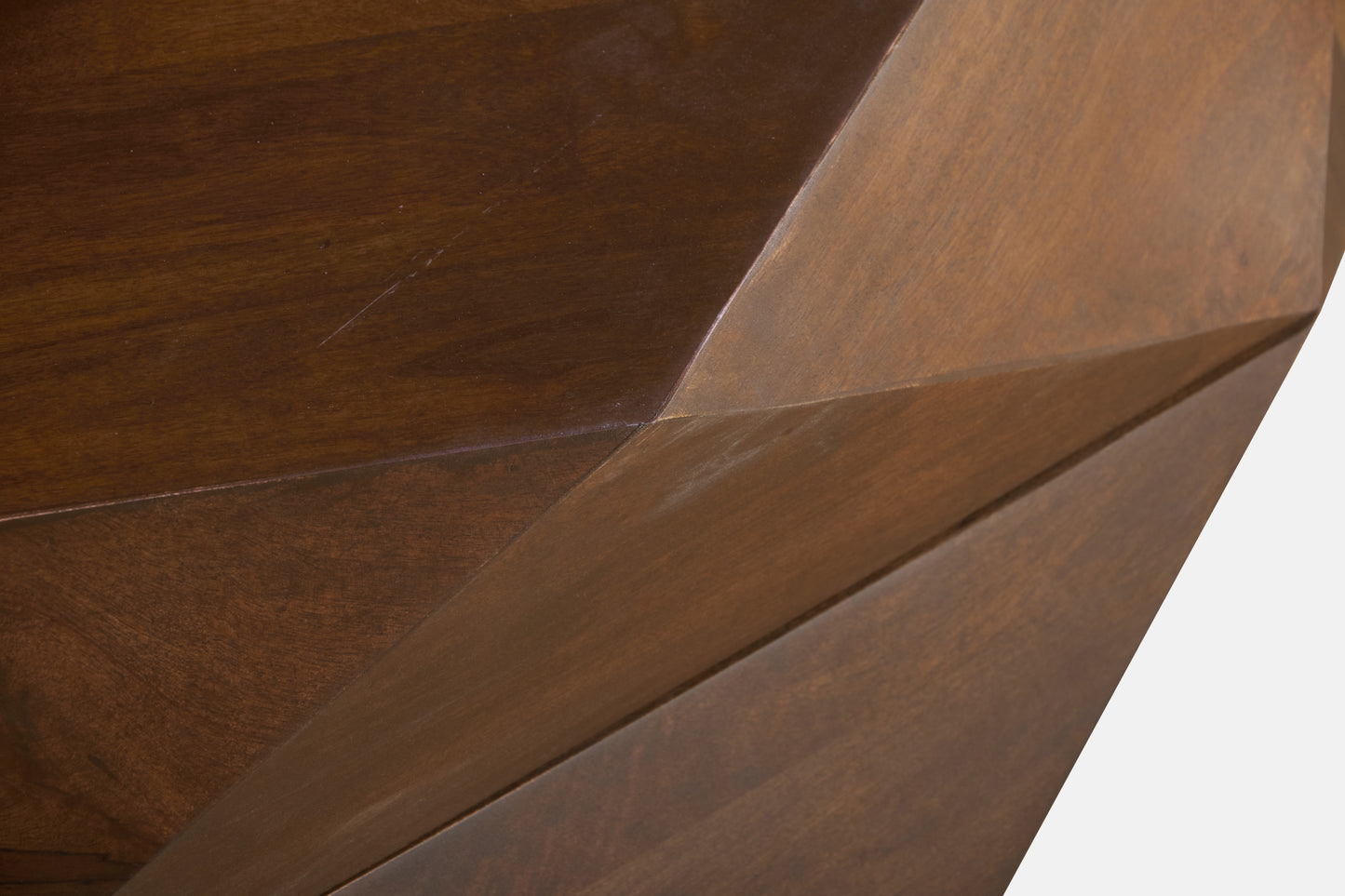 Close-up of the Diamond Shape Solid Wood Lift-Top Coffee Table in Matte Brown 48" surface showcasing facets.