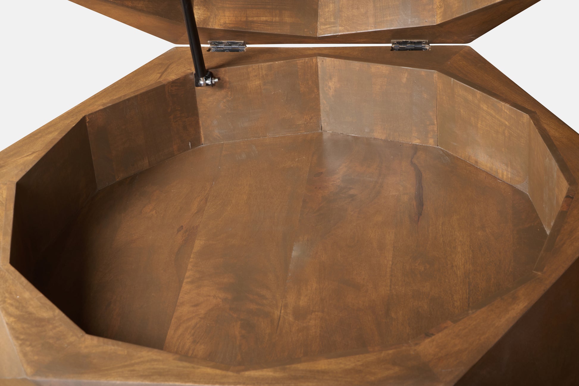 Diamond Shape Solid Wood Lift-Top Coffee Table in Matte Brown 48" open compartment view with wooden interior.