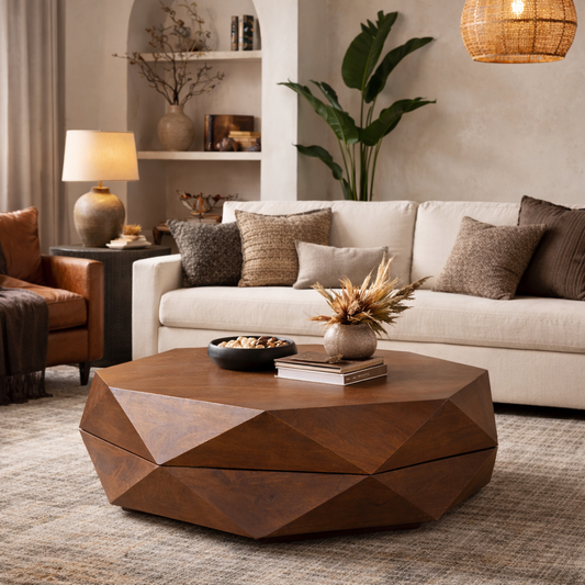 Diamond Shape Solid Wood Lift-Top Coffee Table in Matte Brown 48" showcased in a modern living room setting.