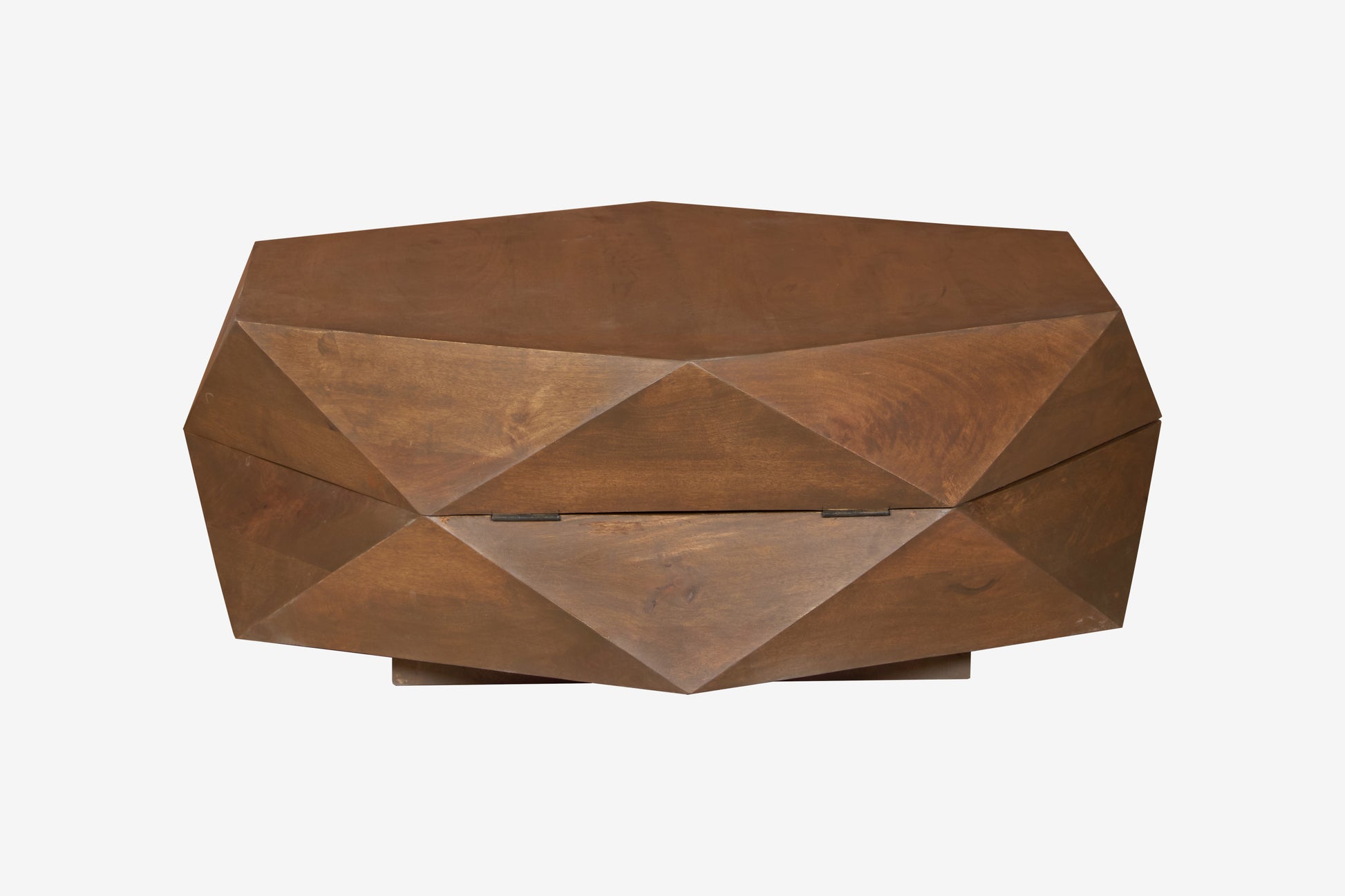 Diamond Shape Solid Wood Lift-Top Coffee Table in Matte Brown 48" showcasing a sculptural design with hidden function.