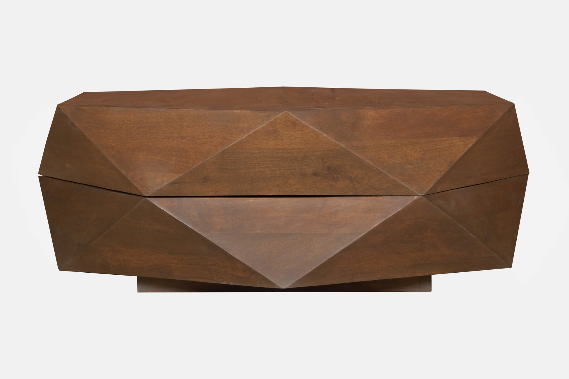 Diamond Shape Solid Wood Lift-Top Coffee Table in Matte Brown 48" with sculptural geometric design.