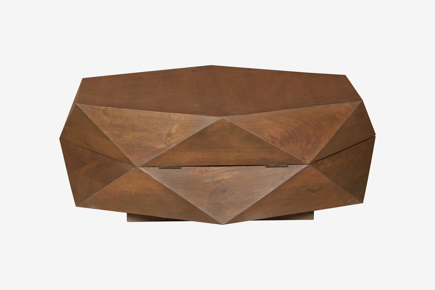 Diamond Shape Solid Wood Lift-Top Coffee Table in Matte Brown 48" showcasing a sculptural design with hidden function.