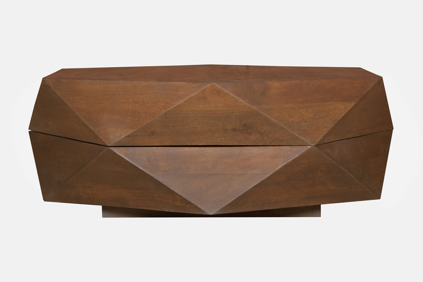 Diamond Shape Solid Wood Lift-Top Coffee Table in Matte Brown 48" with sculptural geometric design.