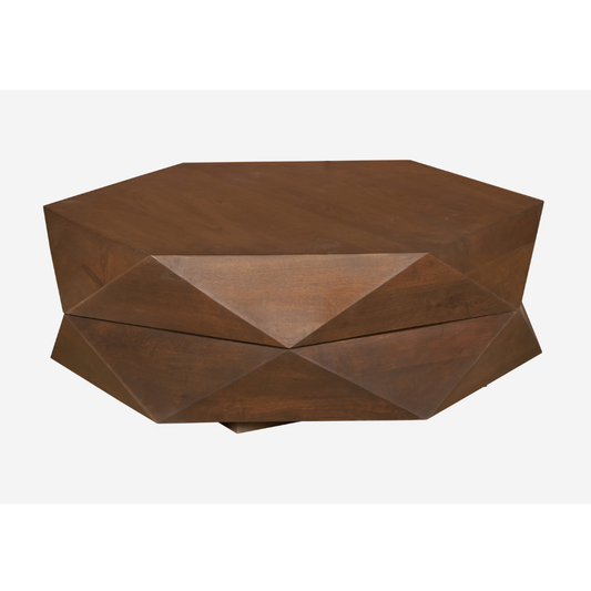 Diamond Shape Solid Wood Lift-Top Coffee Table in Matte Brown 48" with sculptural design and hidden storage.
