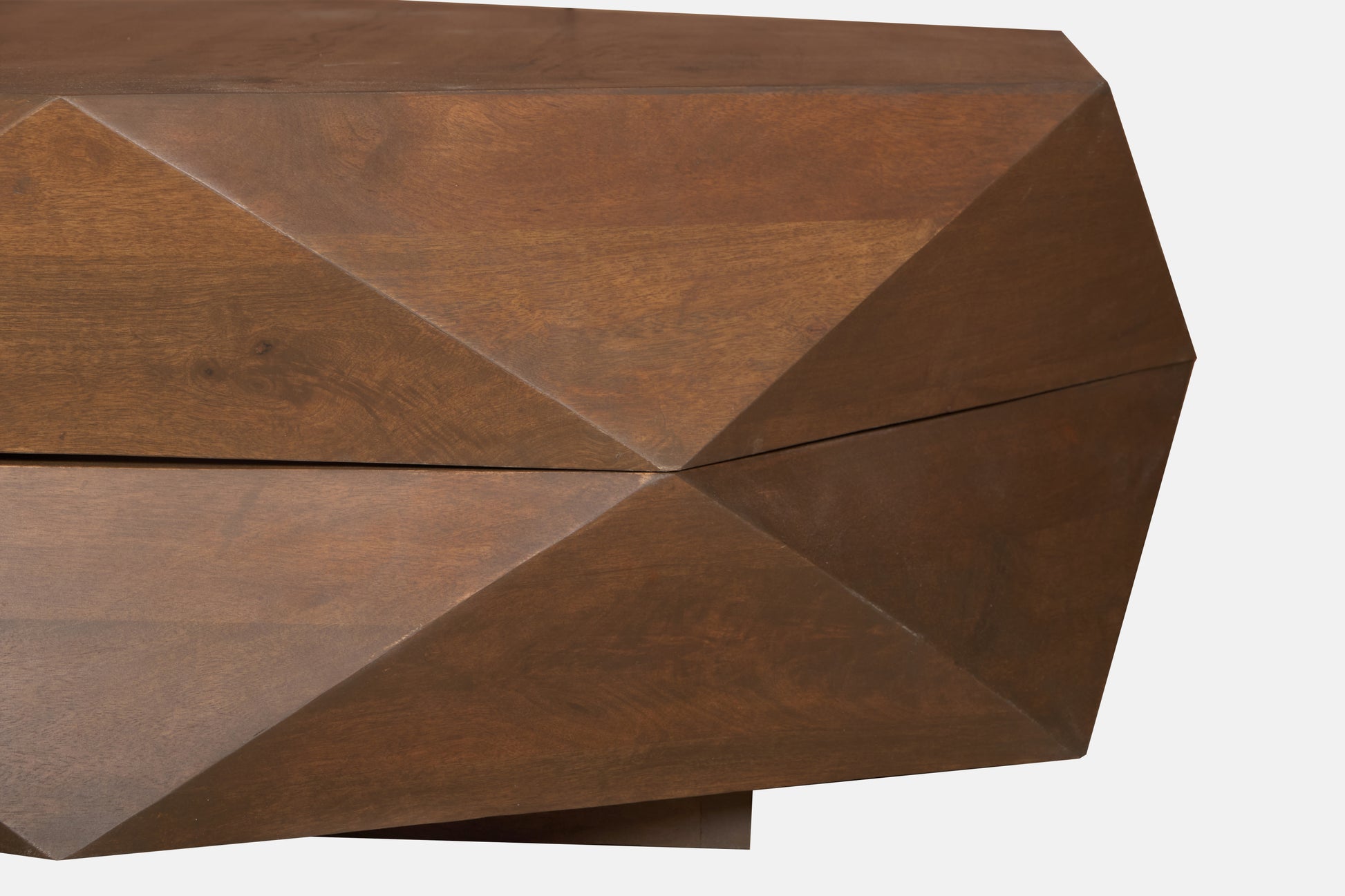 Diamond Shape Solid Wood Lift-Top Coffee Table in Matte Brown 48" showcasing its sculptural design and distinctive facets.