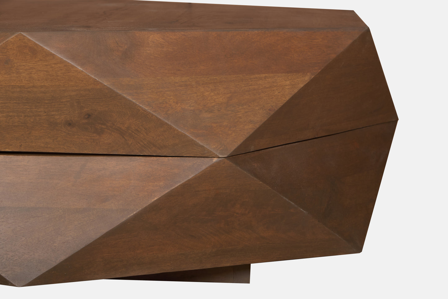 Diamond Shape Solid Wood Lift-Top Coffee Table in Matte Brown 48" showcasing its sculptural design and distinctive facets.
