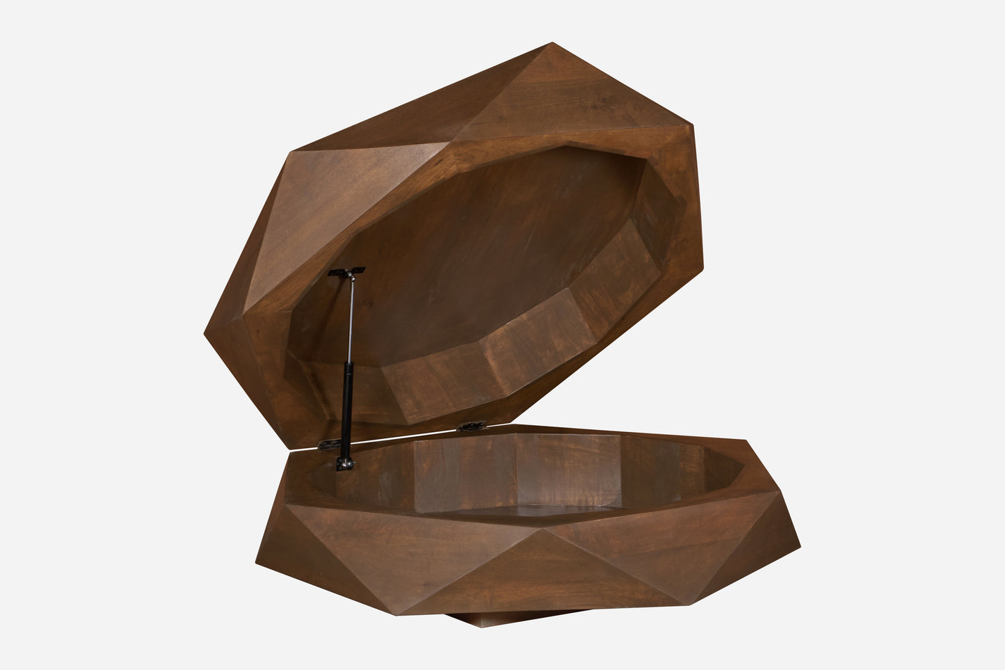 Diamond Shape Solid Wood Lift-Top Coffee Table in Matte Brown 48" with sculptural design and hidden storage.