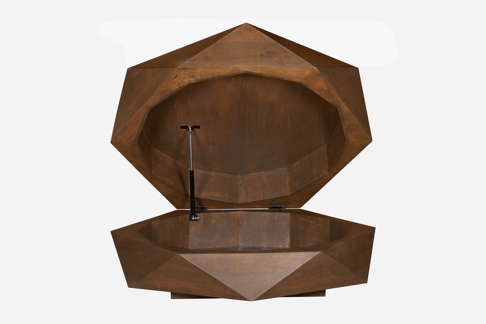 Diamond Shape Solid Wood Lift-Top Coffee Table in Matte Brown 48" with unique sculptural design and hidden storage feature.