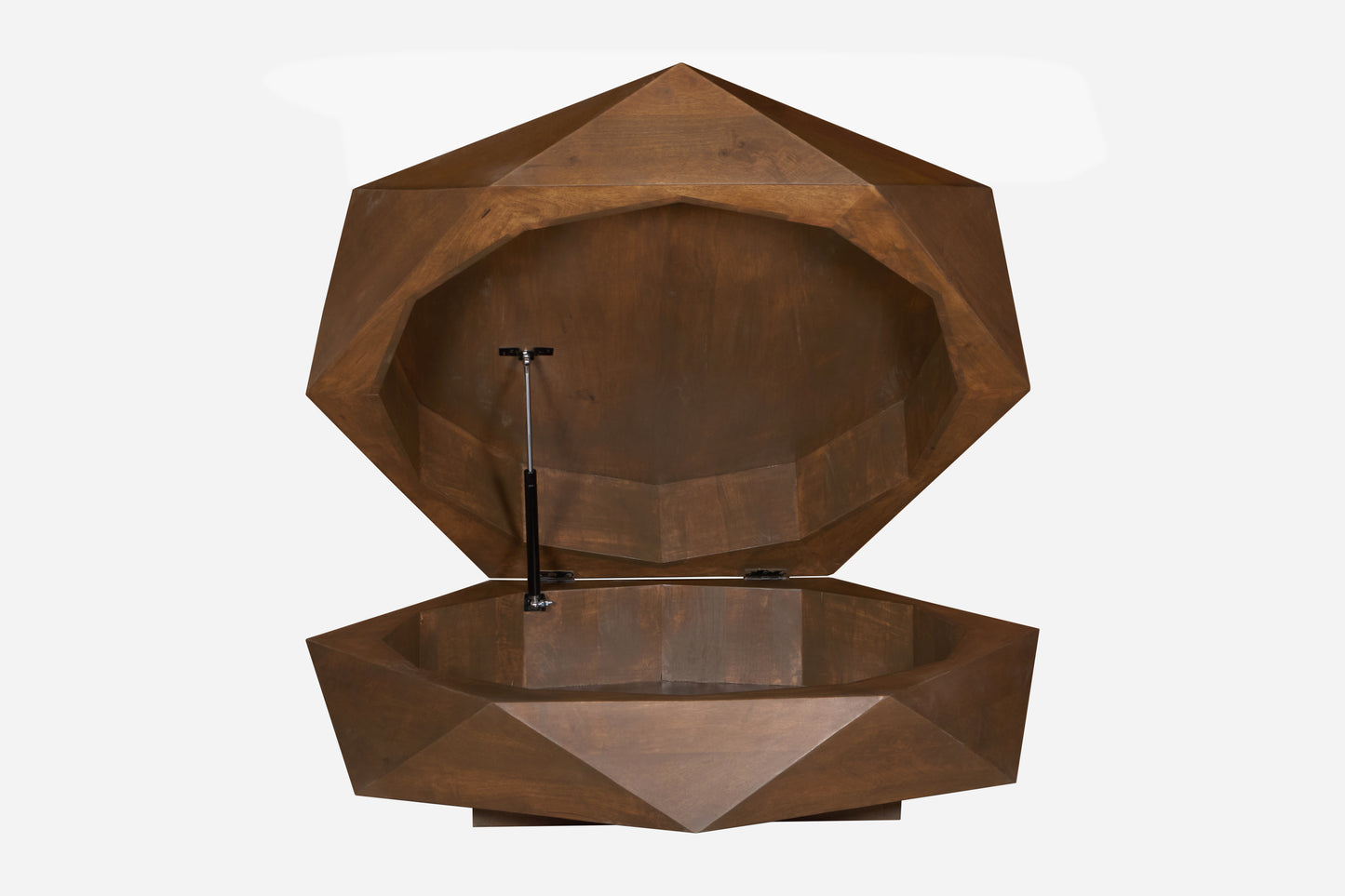 Diamond Shape Solid Wood Lift-Top Coffee Table in Matte Brown 48" with unique sculptural design and hidden storage feature.