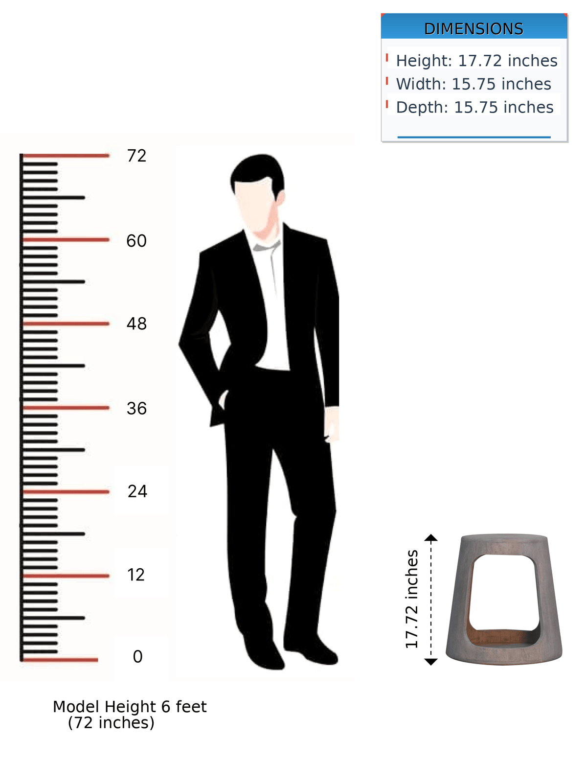 Model height 6 feet next to a side table with dimensions 17.72 inches height, 15.75 inches width and depth.