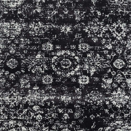Distressed vintage Persian styled woven area rug with a dark color palette, measuring 8x10ft, perfect for elegant home decor.