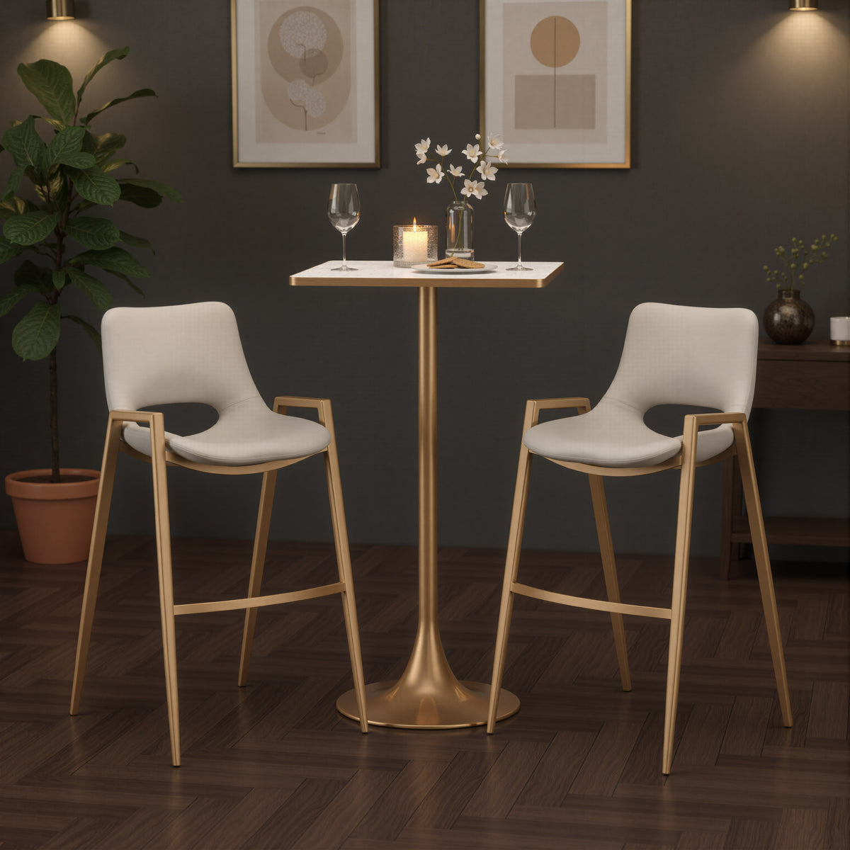 Desi Barstool (Set of 2) in Beige & Gold