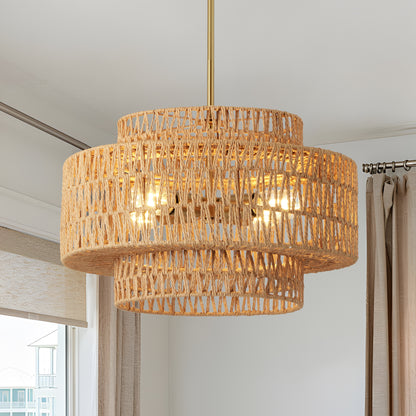 17.7" Boho Rattan Chandelier Light Fixture, 4-Light Hand Woven Wicker Pendant Light Fixture