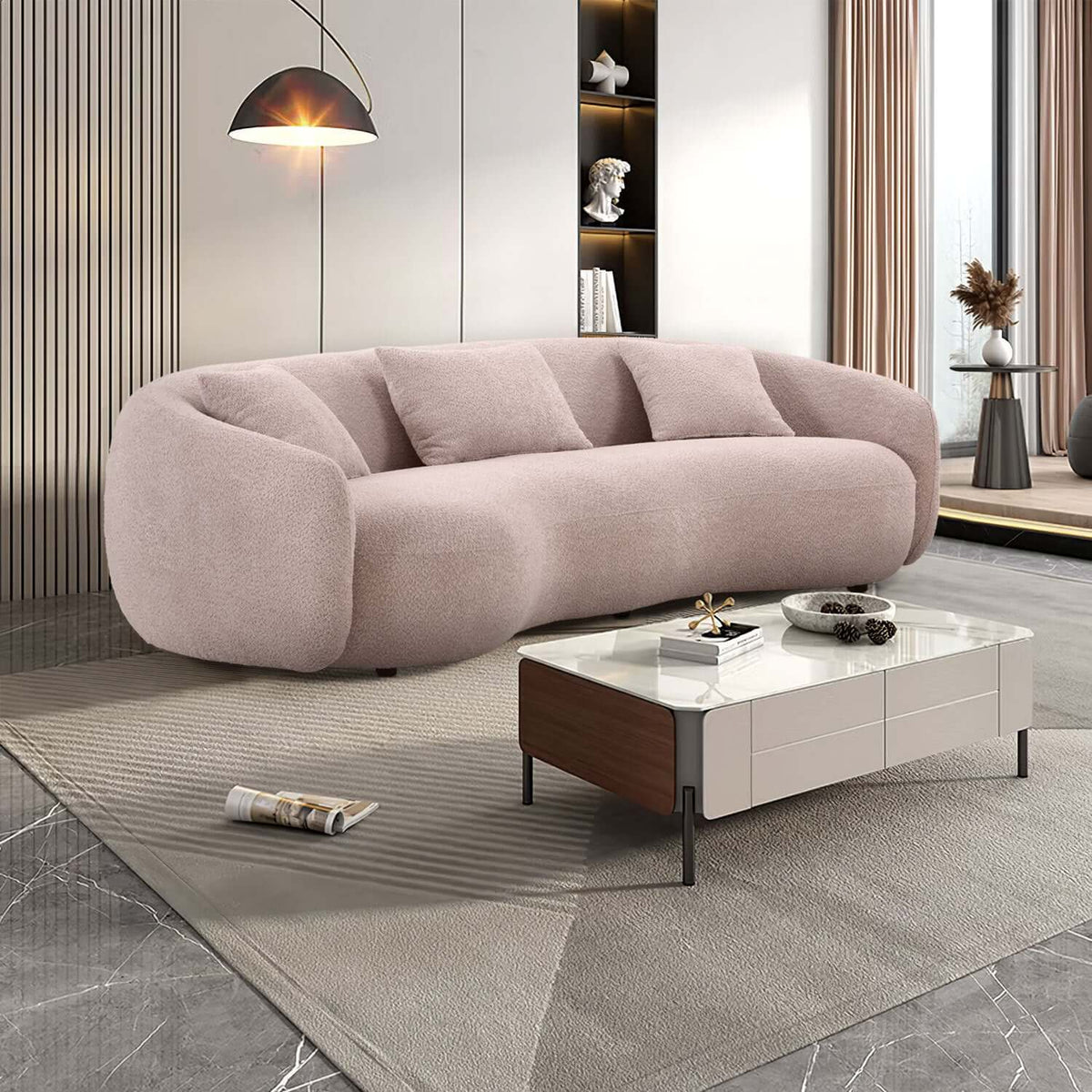 Modern Boucle Curved Sofa 94" – Sculptural 3-Seater Upholstered Couch (4 Colors) in a stylish living room setting.