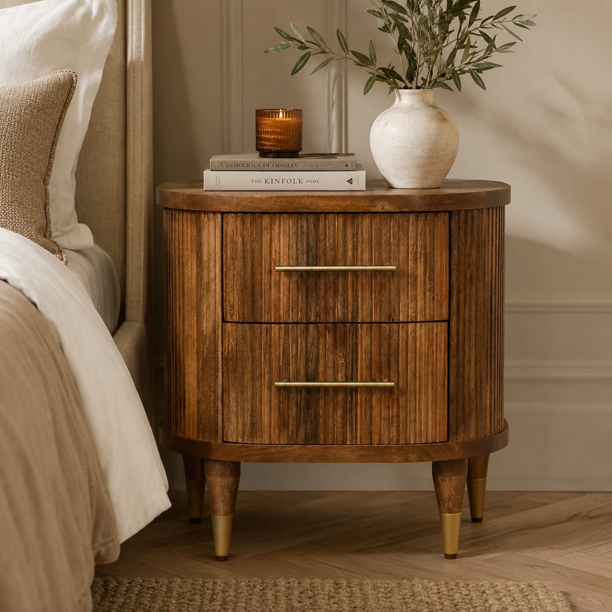 Romy Golden Teak Mango Wood Nightstand – 22" Fluted 2-Drawer Nightstand
