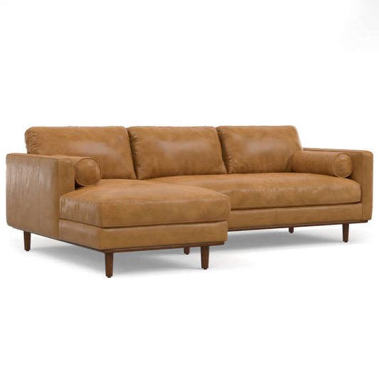 Morrison MCM Genuine Leather Sectional Chaise Sofa 102" – Modern Leather Chaise Sectional (2 Colors) in tan leather.