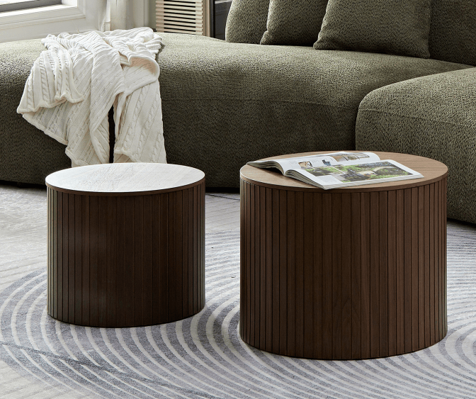 Handcrafted MDF Round Accent Table Set (2-Piece) – Nesting Side Tables with Storage (2 Colors) in a modern living room.