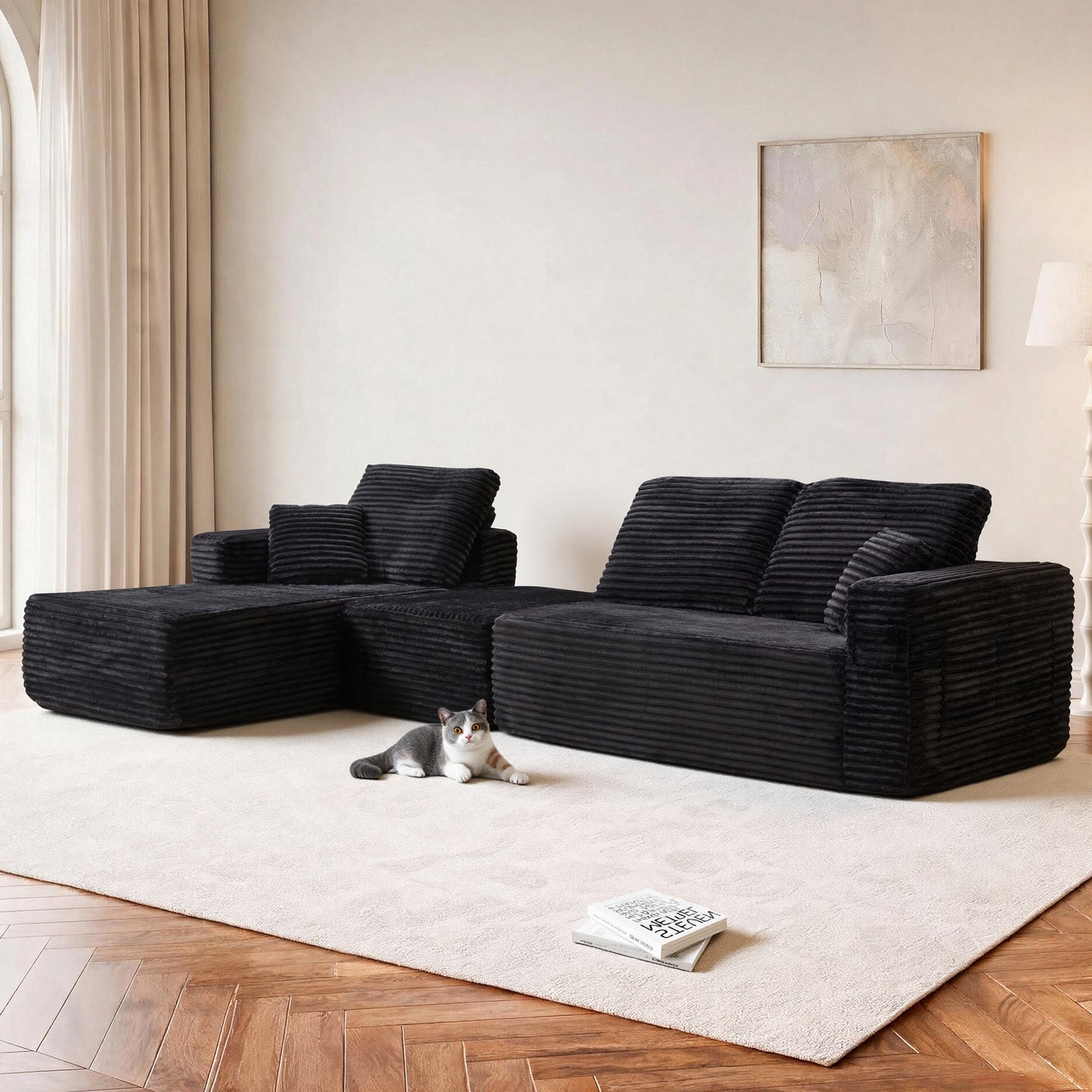 Bradwell Black Plush Cloud Modular Sectional – 100.4" L-Shaped Sofa with Left-Side Chaise