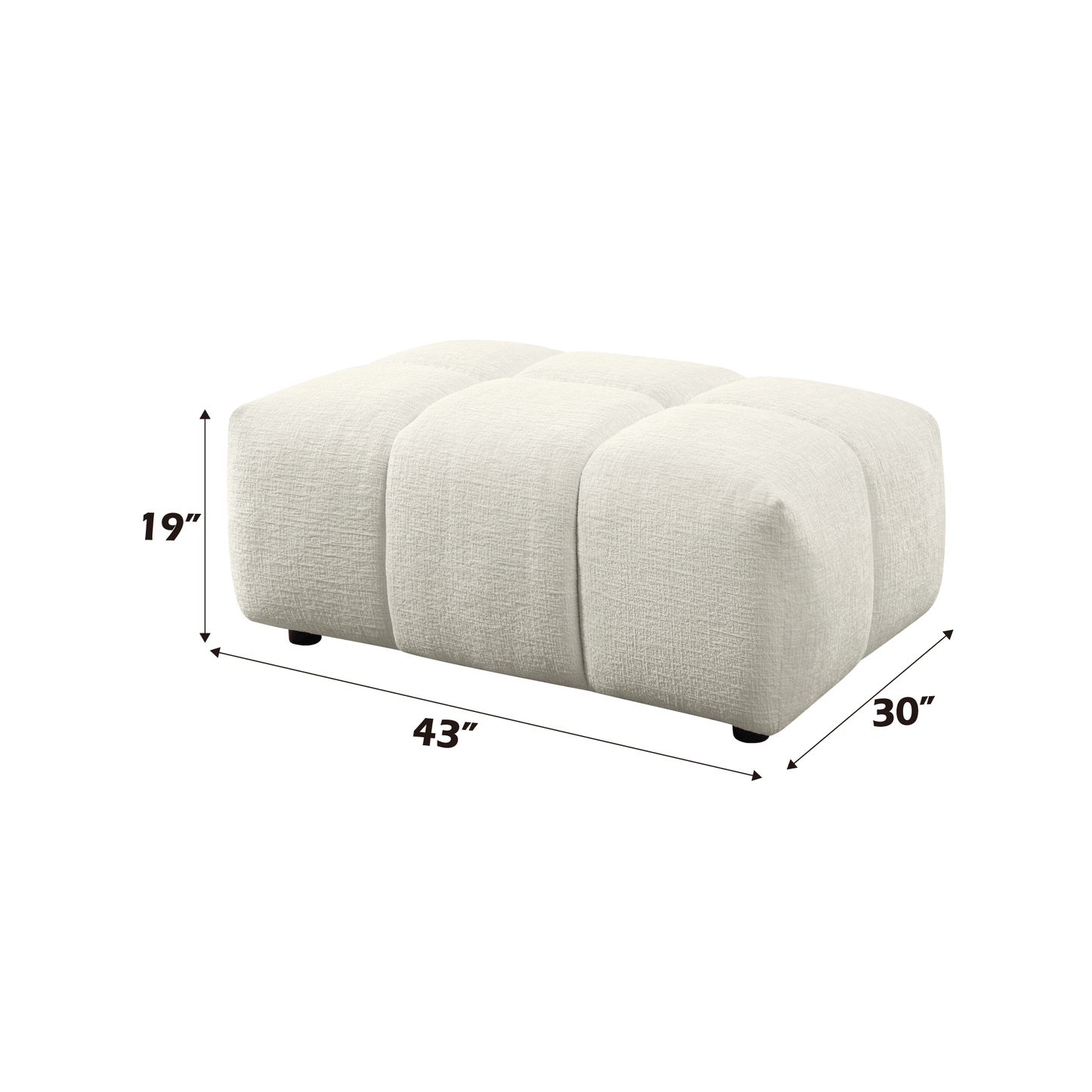 Beige Modular Sectional ottoman measuring 43 inches wide, 30 inches deep, and 19 inches high, designed for comfort and style.