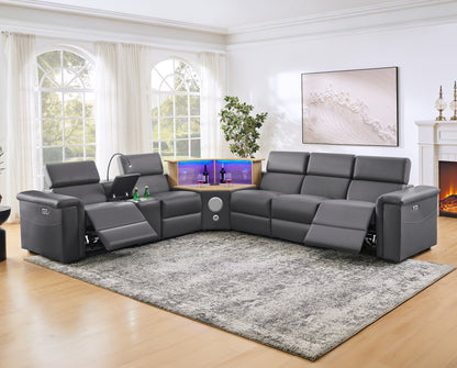 Virgil Dark Gray L-Shaped Power Recliner Sectional – 130" with Wine Cabinet & Speakers