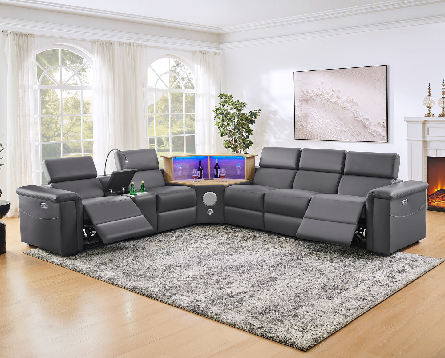 Virgil Dark Gray L-Shaped Power Recliner Sectional – 130" with Wine Cabinet & Speakers