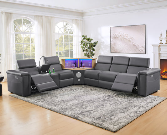 Virgil L-Shaped Power Recliner Sectional – 130" with Wine Cabinet & Speakers