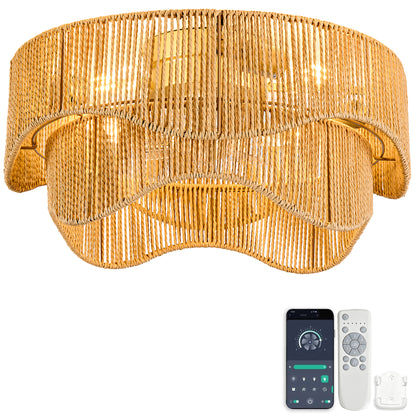 19-inch recessed Bohemian paper-cord ceiling fan light, featuring dual control via a Bluetooth app and remote control, six-speed reversible quiet brushless motor for bedrooms/balconies/vacation homes