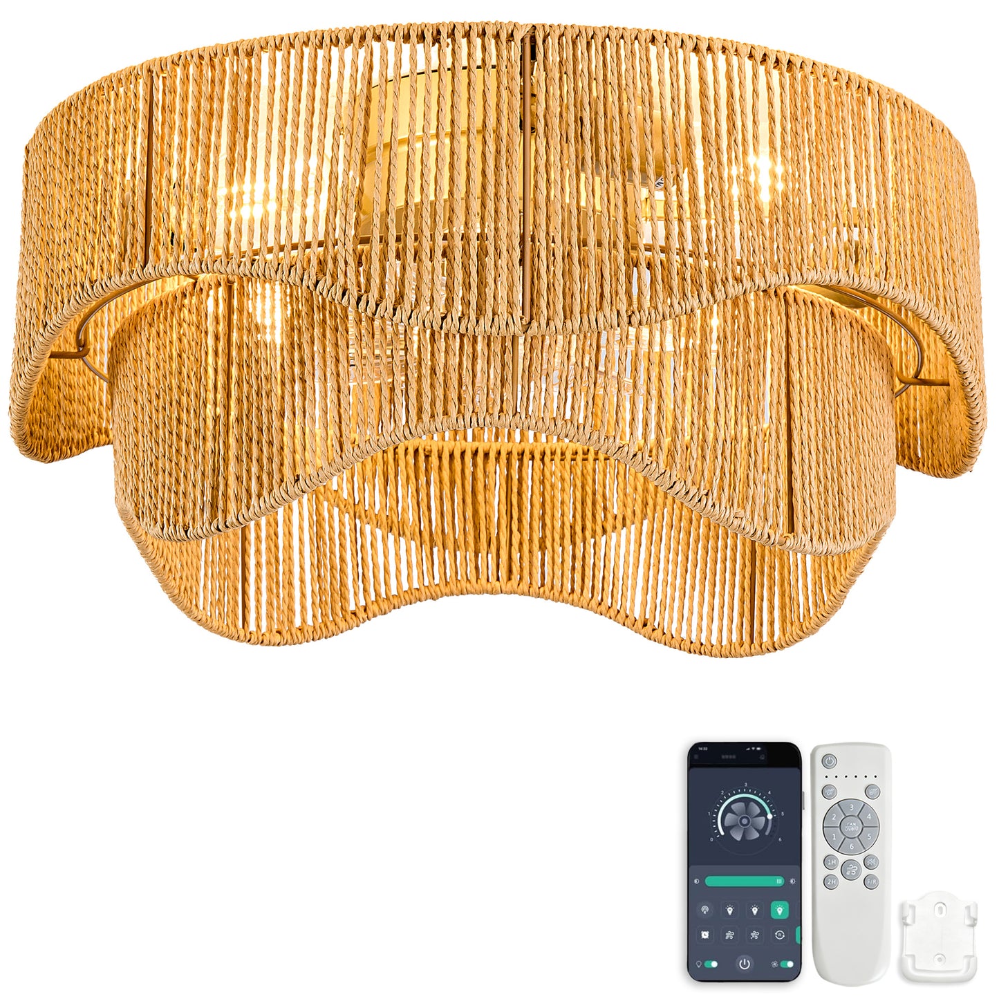 19-inch recessed Bohemian paper-cord ceiling fan light, featuring dual control via a Bluetooth app and remote control, six-speed reversible quiet brushless motor for bedrooms/balconies/vacation homes
