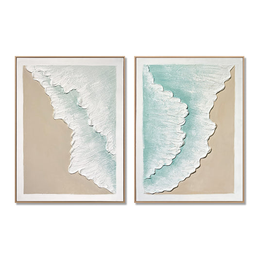 24x32 Set of 2 Framed Ocean Wave Wall Art, Aqua Blue & Beige Textured Canvas Painting