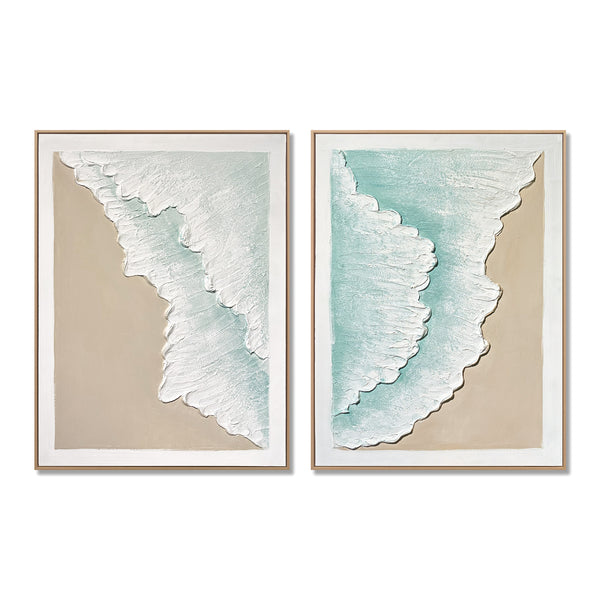 24x32 Set of 2 Framed Ocean Wave Wall Art, Aqua Blue & Beige Textured Canvas Painting