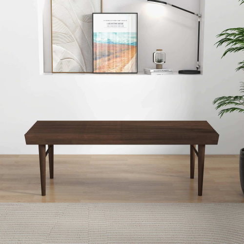 Mia Solid Teak Wood Bench – 47” Slatted Walnut Bench (Mid-Century Modern Accent Seating) in a modern living room setting.