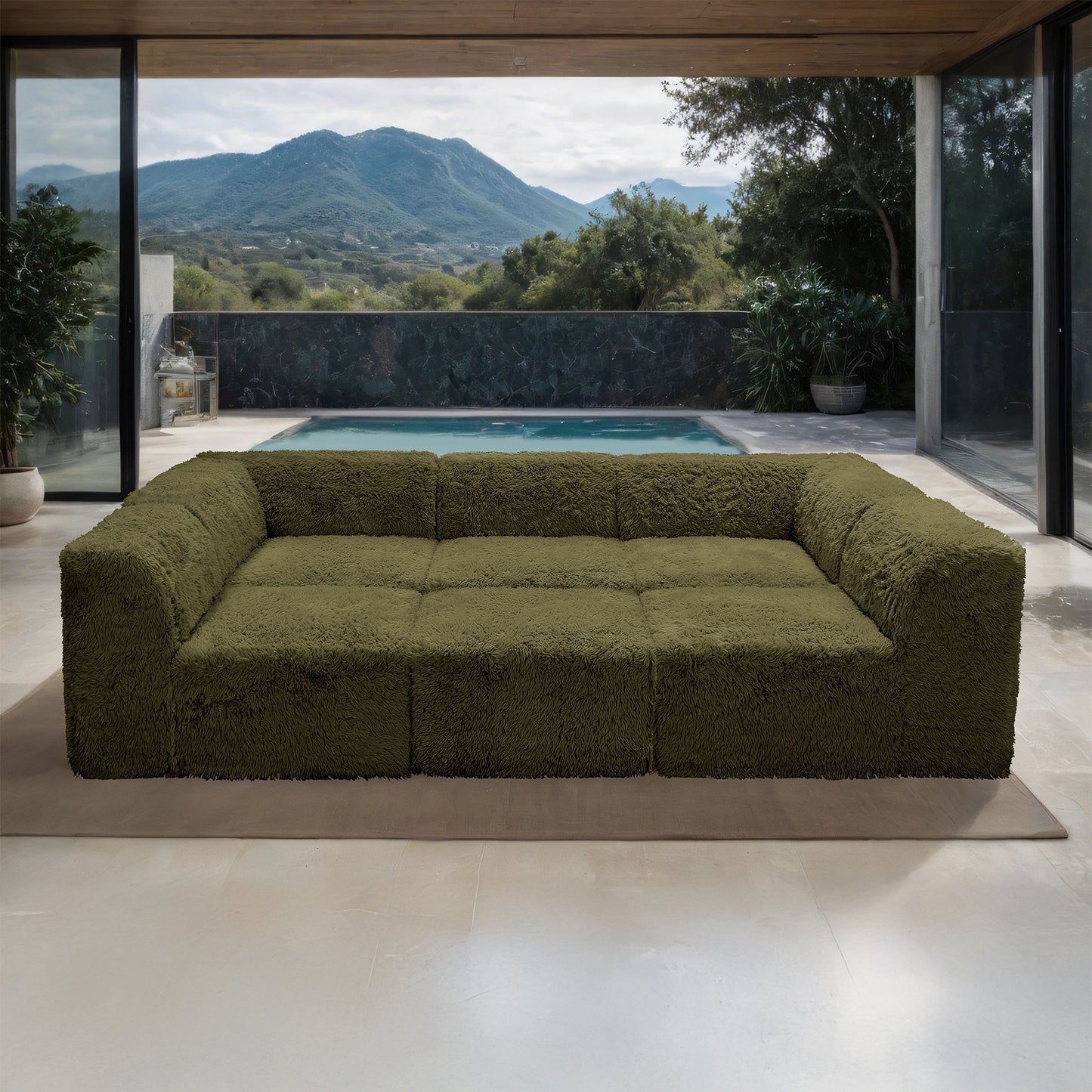 Fable Faux Fur Modular Sectional Day Bed – 107" Olive Green 6-Piece Sectional