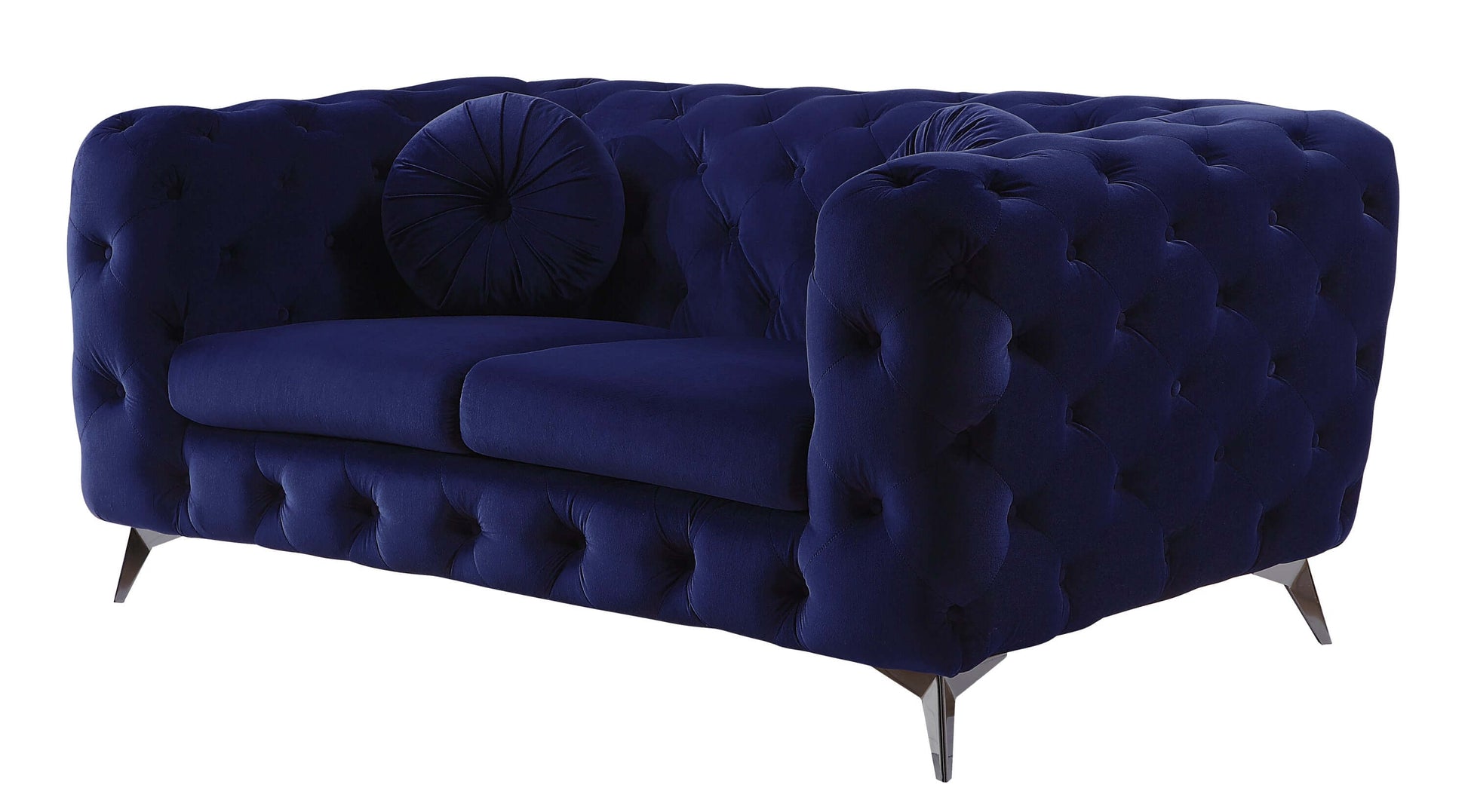 Atronia Luxe Deco Blue Velvet Sofa Loveseat 72" with button tufting and plush comfort.