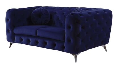 Atronia Luxe Deco Blue Velvet Sofa Loveseat 72" with button tufting and plush comfort.