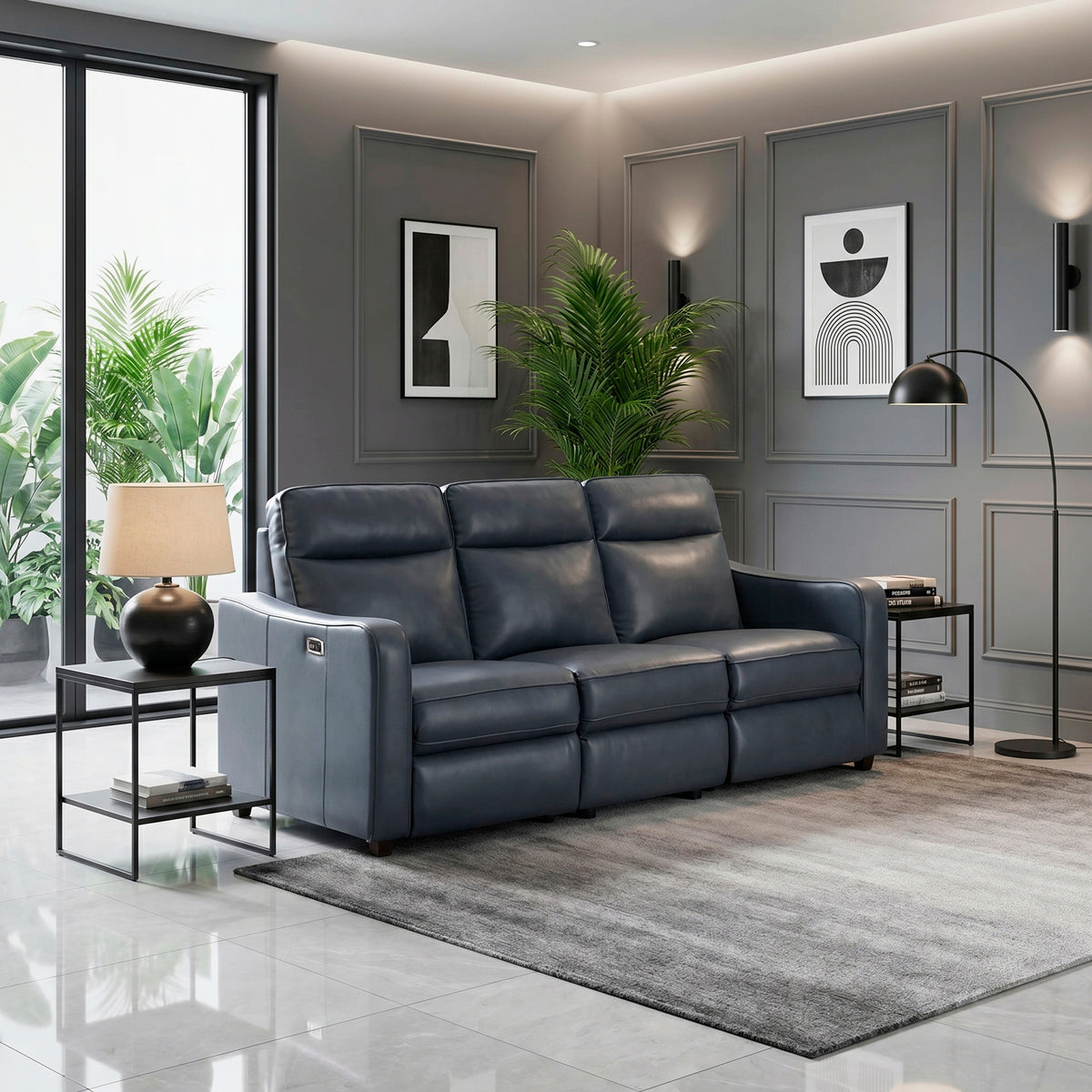 Haddon Navy Faux Leather Power Reclining Sofa
