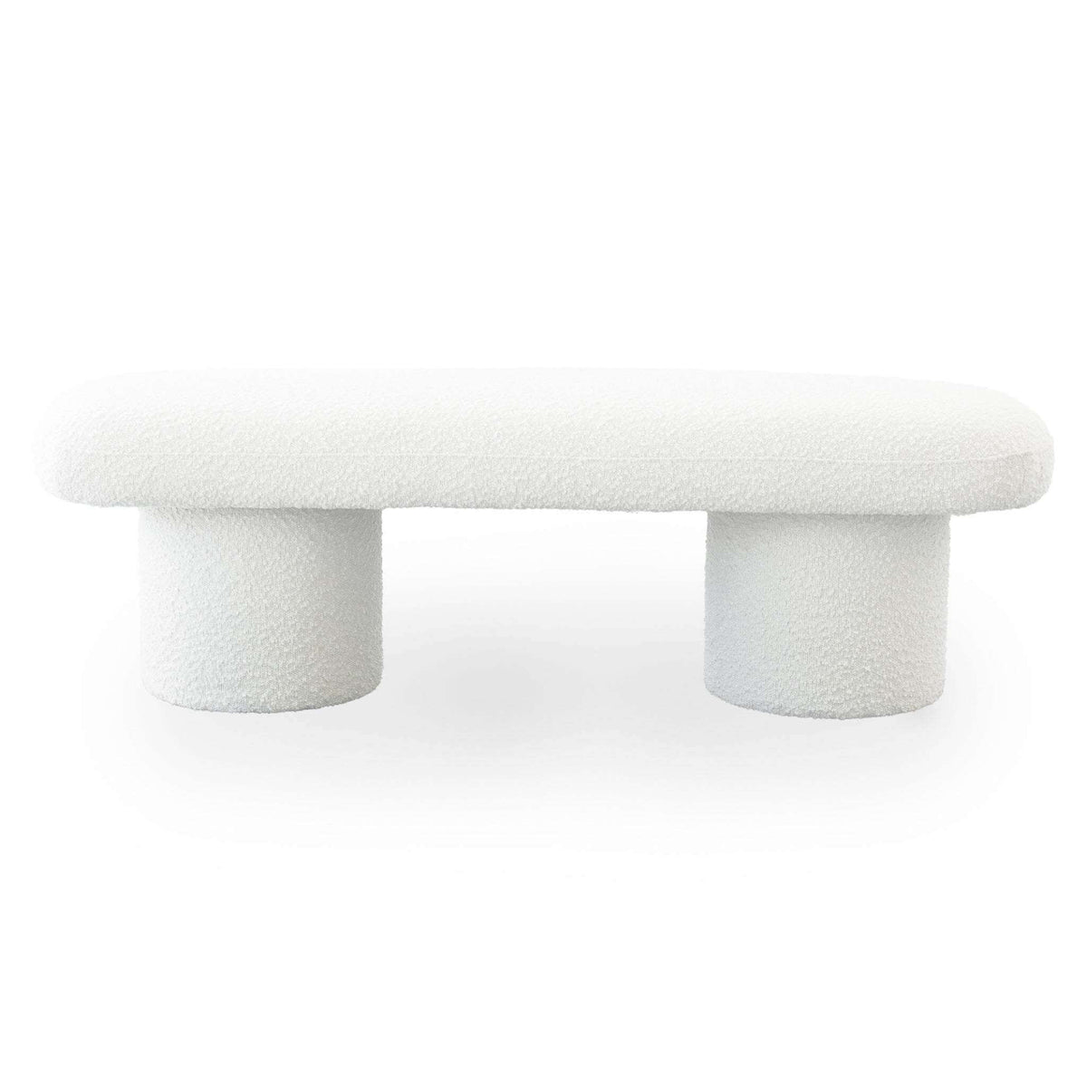 Randolph Ivory Boucle Bench 56' in modern living room with minimalist design and sleek cylindrical legs.