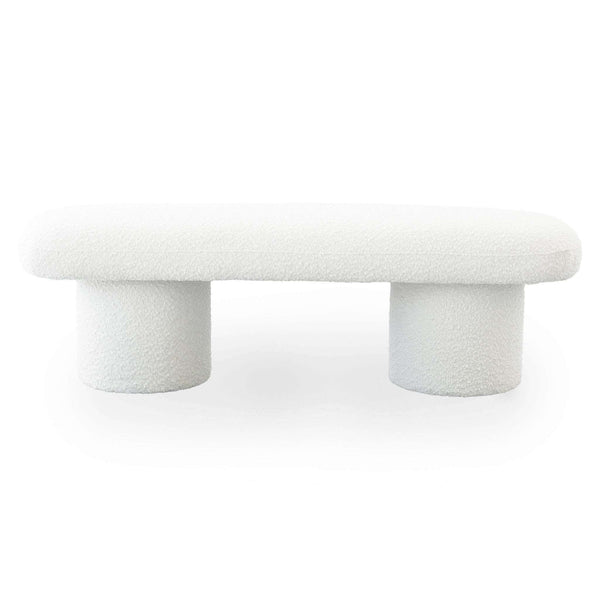 Randolph Ivory Boucle Bench 56' in modern living room with minimalist design and sleek cylindrical legs.