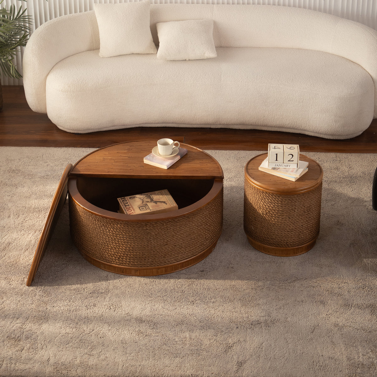 Moray Round Rattan Coffee Table with Lift-Off Storage – Boho-Chic, Small & Large - Large (11)