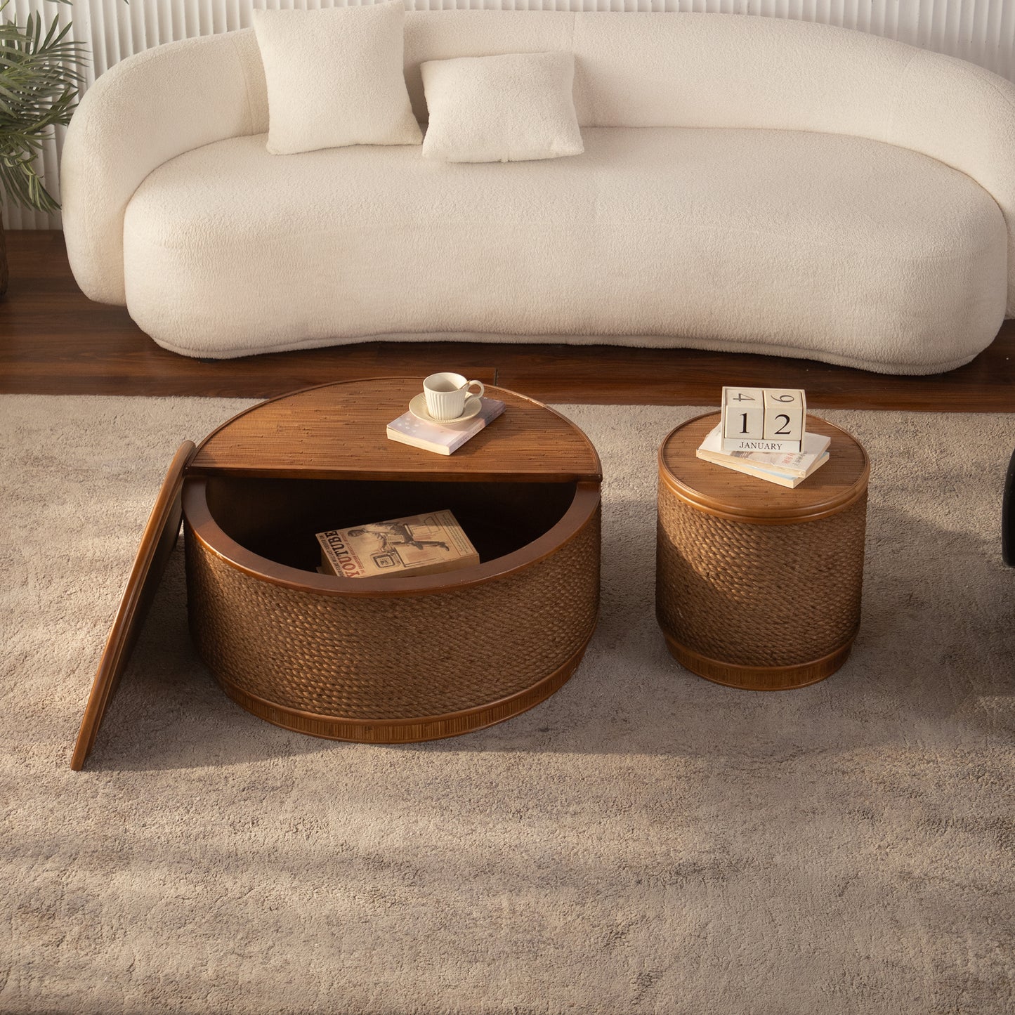 Moray Round Rattan Coffee Table with Lift-Off Storage – Boho-Chic, Small & Large - Large (11)