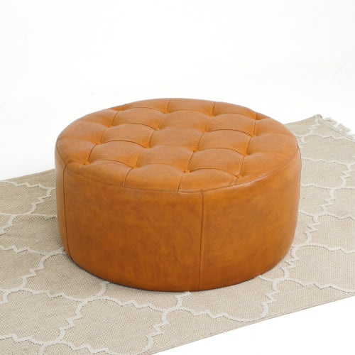 Seletar Round Button Tufted Leather Ottoman – 37” Genuine Leather Ottoman (MCM Style, Multi-Functional) on a rug.
