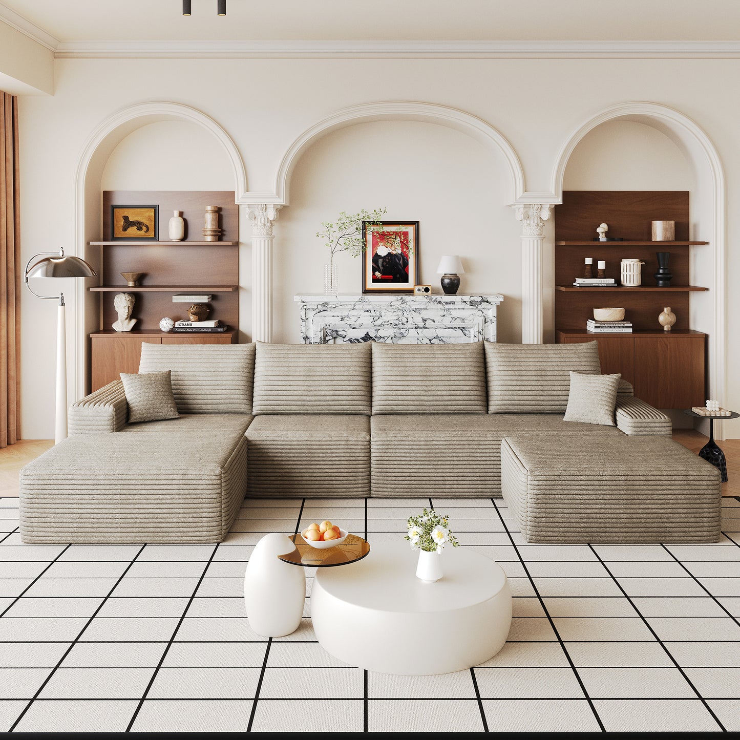 Perrine Corduroy Cloud Sectional – 135" Camel U-Shape Sofa with Ottoman