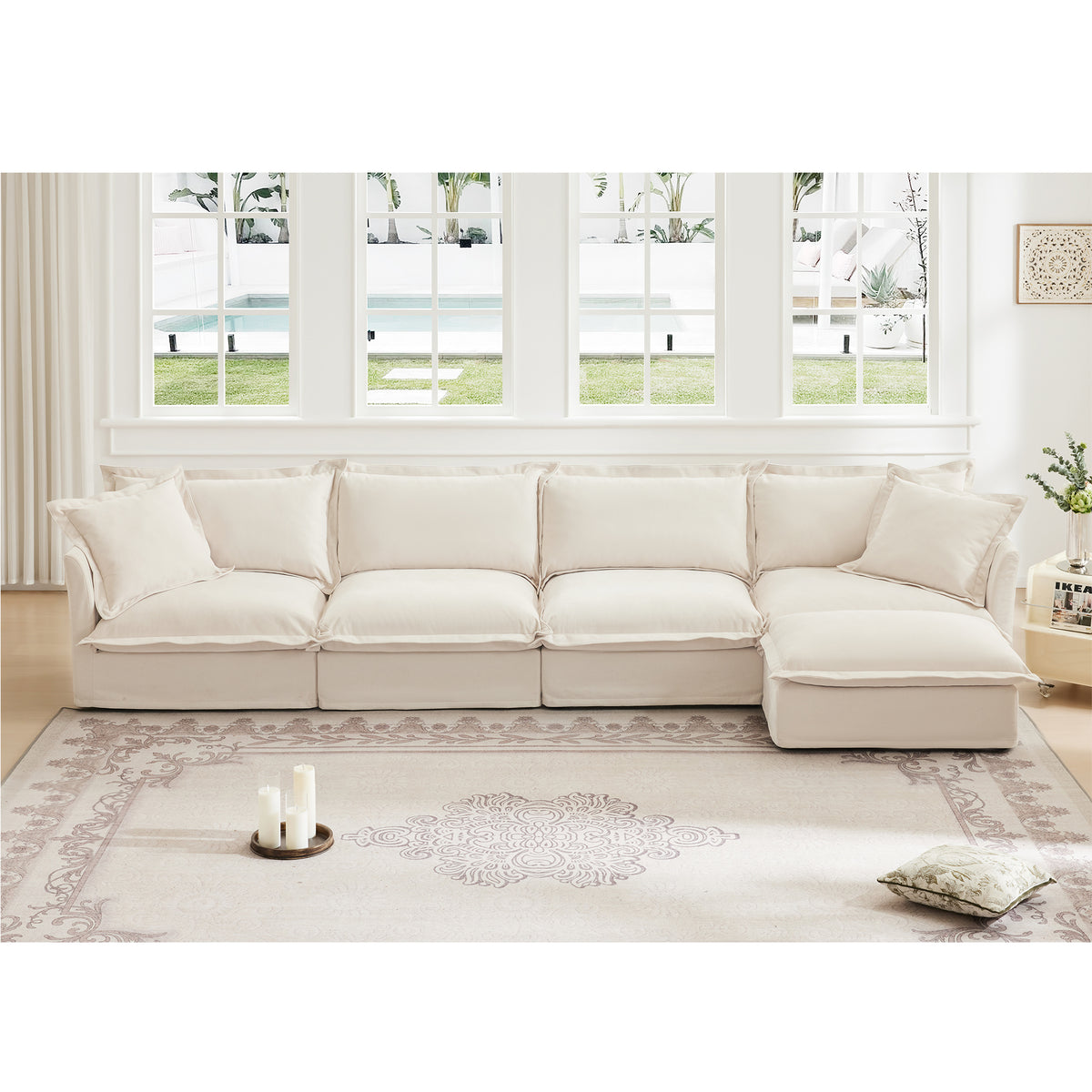 Slipcovered L Shape Sectional Long Sofa Couch, 4 Seater Sofa with Suppleness Armrests