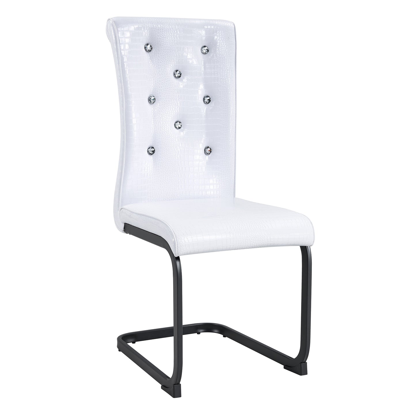 Kinsey White Faux Leather Dining Chairs – 39.6" Crystal Buckle Chair, Black Legs (Set of 4)