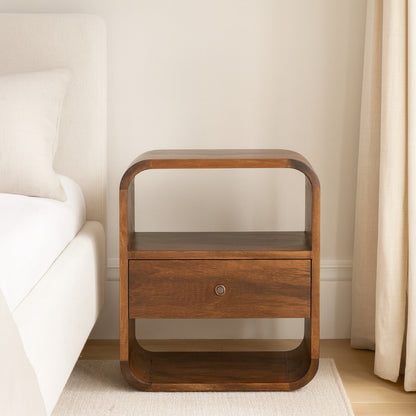 Ansley Chestnut Mango Wood Nightstand – 15.7" 1-Drawer Curved Edge Nightstand