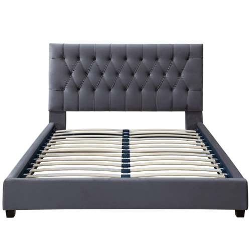Bailey Velvet Tufted Platform Bed Frame – Mid-Century Upholstered Bed (3 Colors, No Box Spring) in gray with slat system.